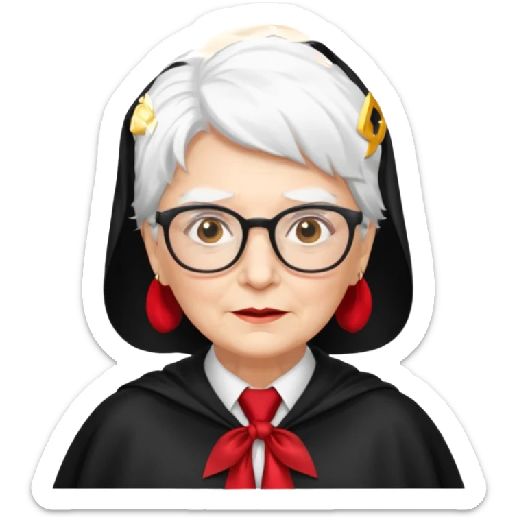 An older woman with glasses and white hair, in a red tie and black cape sticker