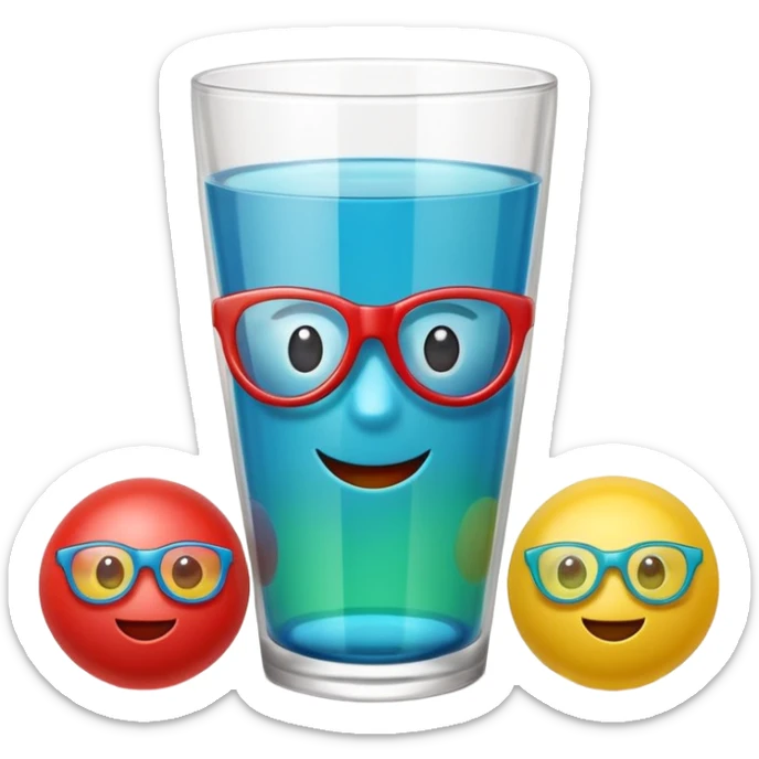Cute 3D cartoon emoji sticker of a plastic glass-and-ball game with three glossy plastic glasses (blue, green, red) and a yellow ball. Soft lighting, smooth shadows, playful look, white sticker outline, transparent background, high resolution.” sticker