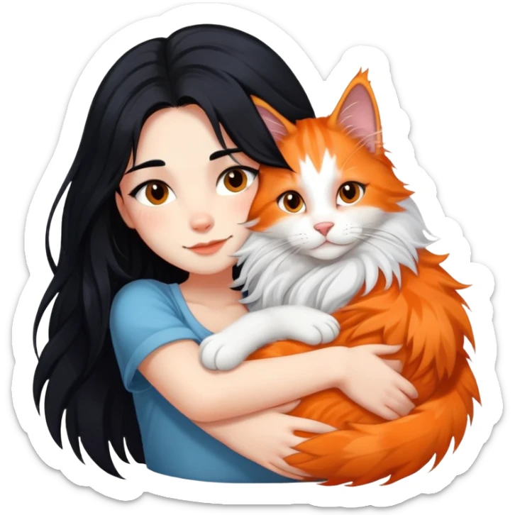 A girl with long black  hair tightly hugged a Maine coon sticker