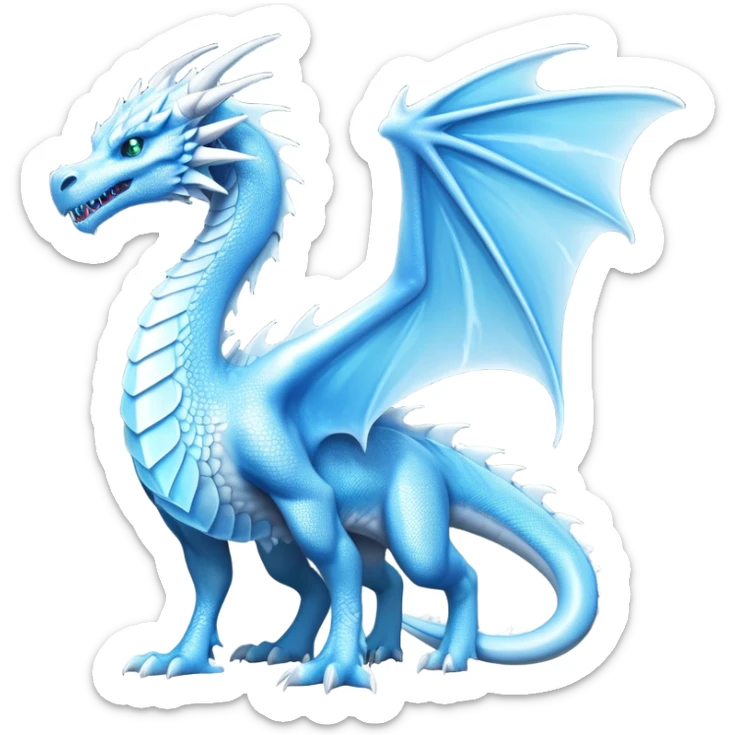 Cinematic Noble elegant Ice Dragon full body Emoji, Poised and imposing, distinct long elegant snout, with a slender, scaled body shimmering in glacial hues of icy blue, frostbitten silver, and crystalline white, breathing out frost, with piercing, glowing eyes that radiate the chilling depths of an arctic storm; rendered in detail. displaying its wings sticker