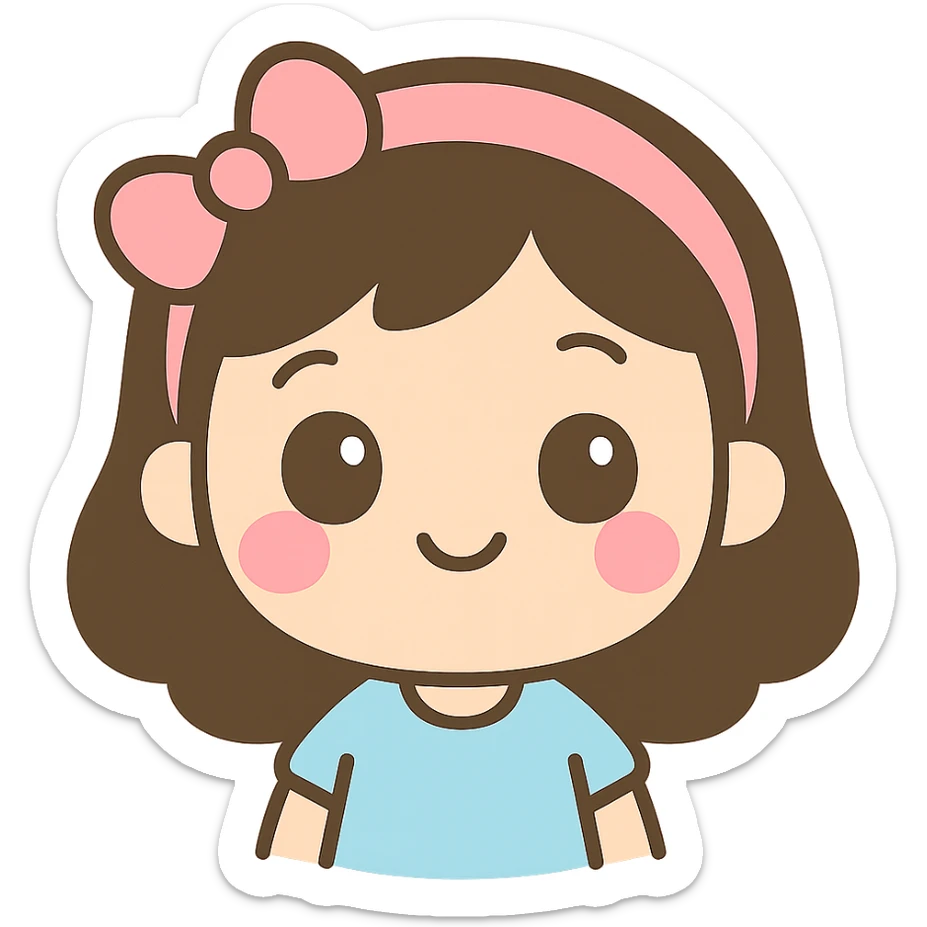 cute little girl wearing pink headband, wide eyes and smile, kawaii style sticker