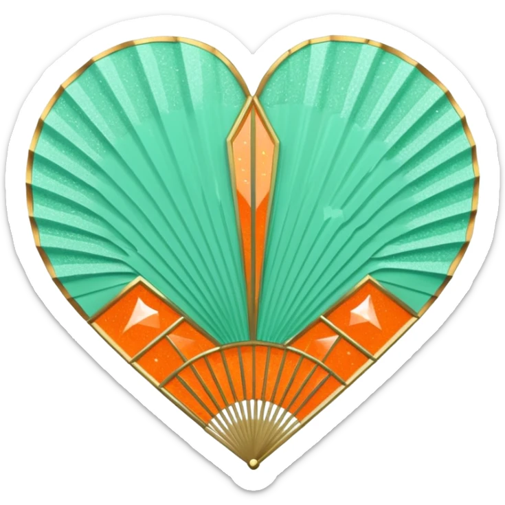 orange glittery heart, chopped  in pieces like shattered glass edges  with a couple mint green art deco fans  sticker