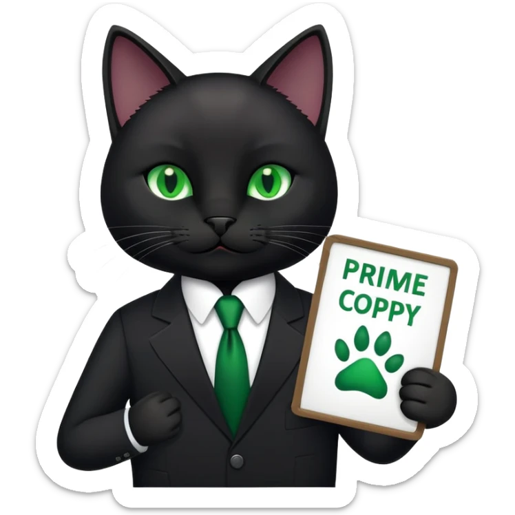 A black cat in a black business suit holds a sign with the inscription "PrimeCopy" in one paw sticker