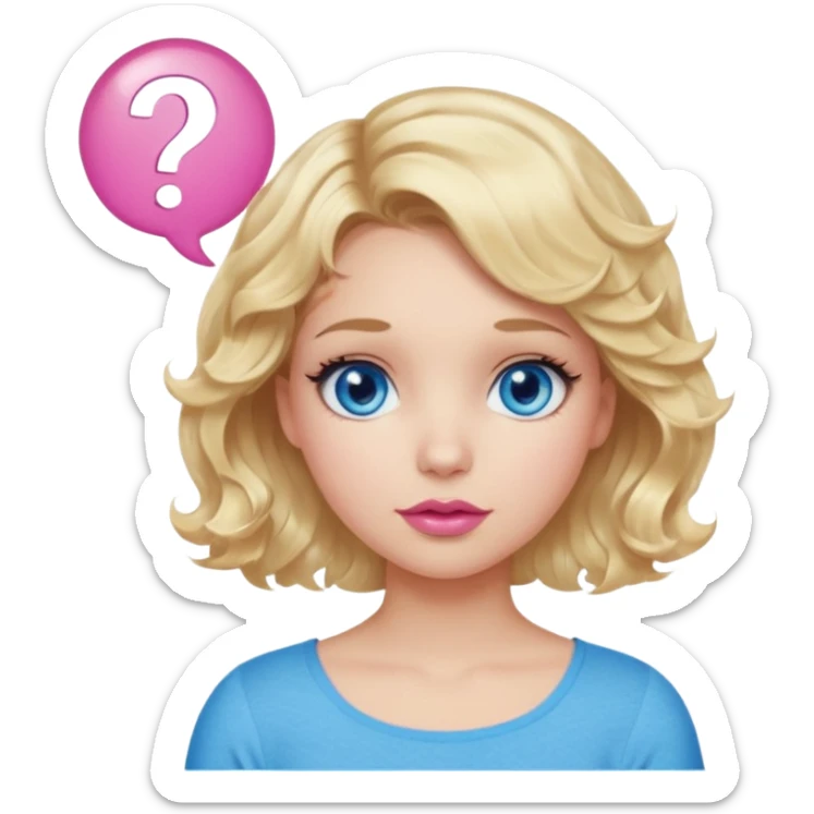 Girl Blonde short wavy hair,  blue eyes, cute blue top, long lashes, pink lips, question mark bubble sticker