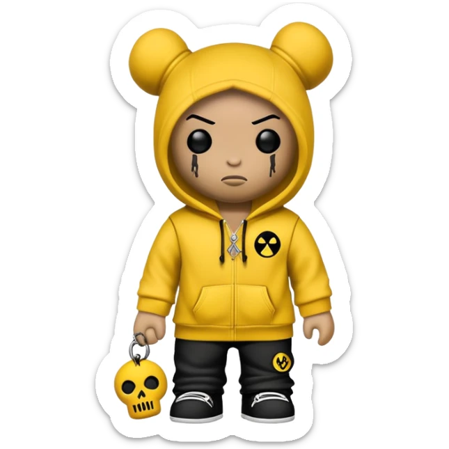 voodoo doll wearing wu-tang clan yellow and black hoodie with W logo sticker