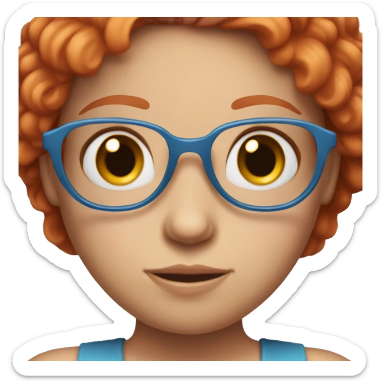 Emoji of a red-haired girl in glasses, wearing a blue dress and holding a pink heart, with a sweet and friendly expression. sticker