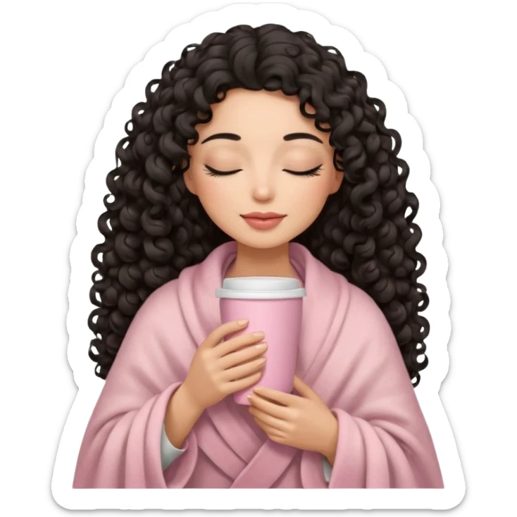 hispanic woman, black long 3b curls, closed eyes, feminine face, holding soft pink coffee cup with beige blanket over shoulders sticker