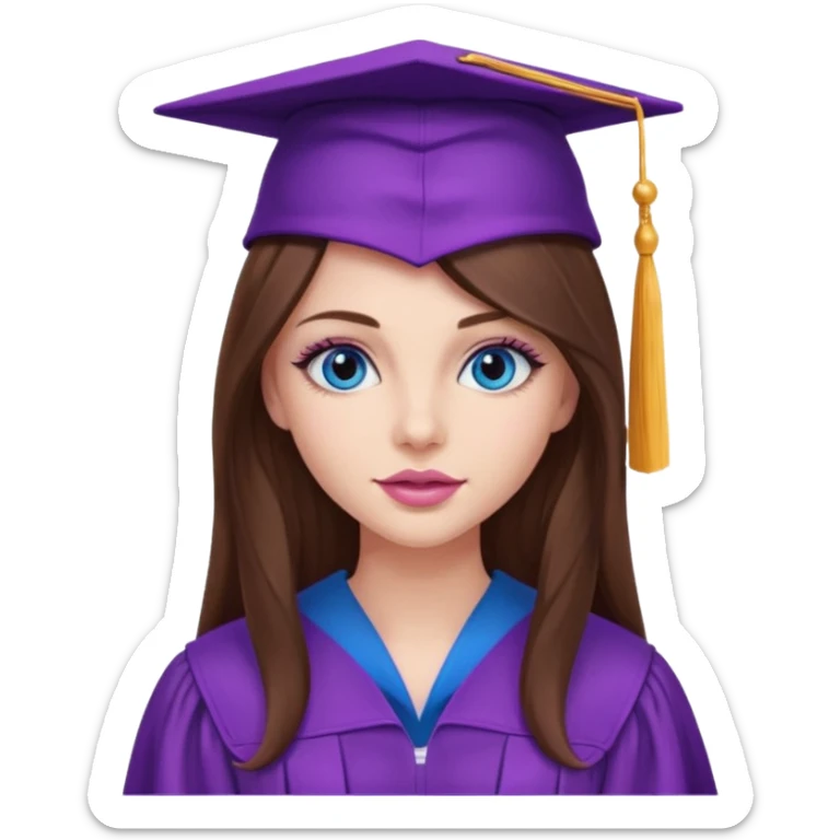 girl with beautiful extremely long brown hair, blue eyes, long lashes makeup, sexy pink lips, wearing a purple graduation cap and gown sticker