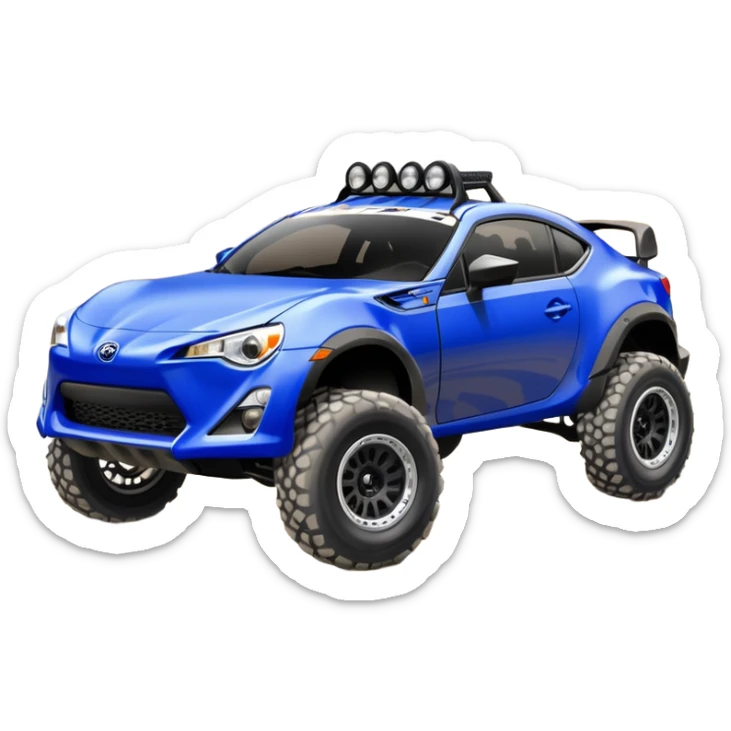 Leg Armored Dirty raced redneck jacked 2013 scion fr-s ultramarine off road 4wd monster Baja dessert stadium rock racer number 86 with long travel suspension, shiny silver wheels, exaggerated wide black fender flares  sticker