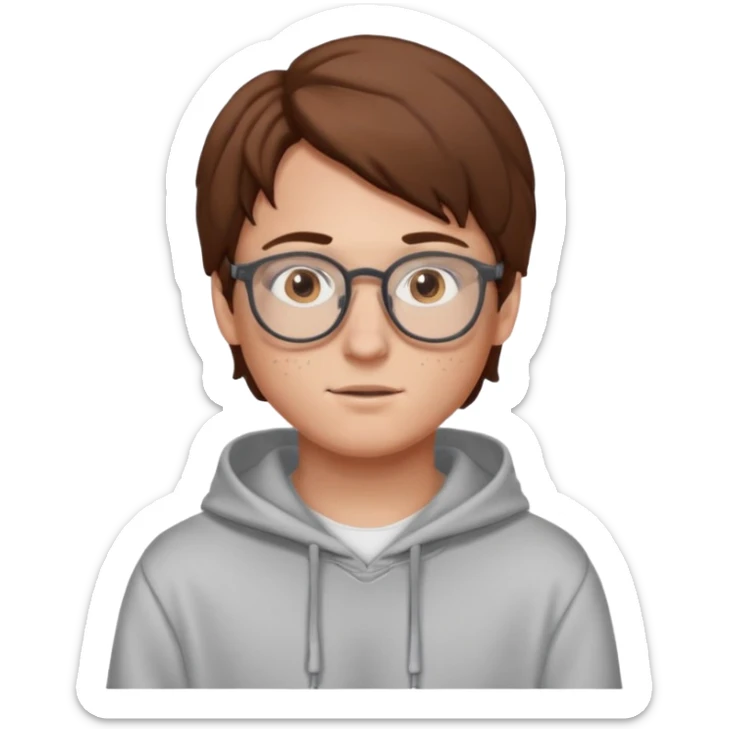 white boy with brown hair and eyes middle part glasses freckles and hoodie sticker