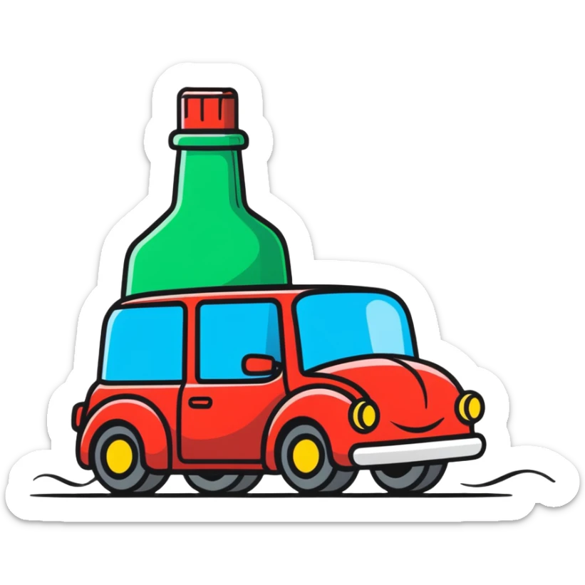 cartoonish icon of a car with wobbly motion lines and a bottle, representing drunk driving sticker