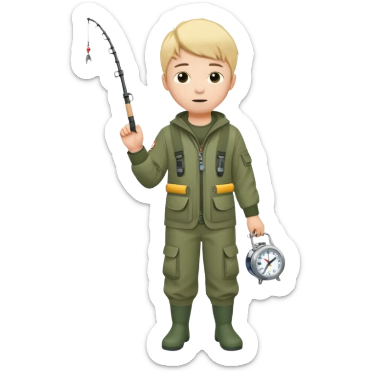 Boy in fishing suit looking at his wristwatch, full body sticker