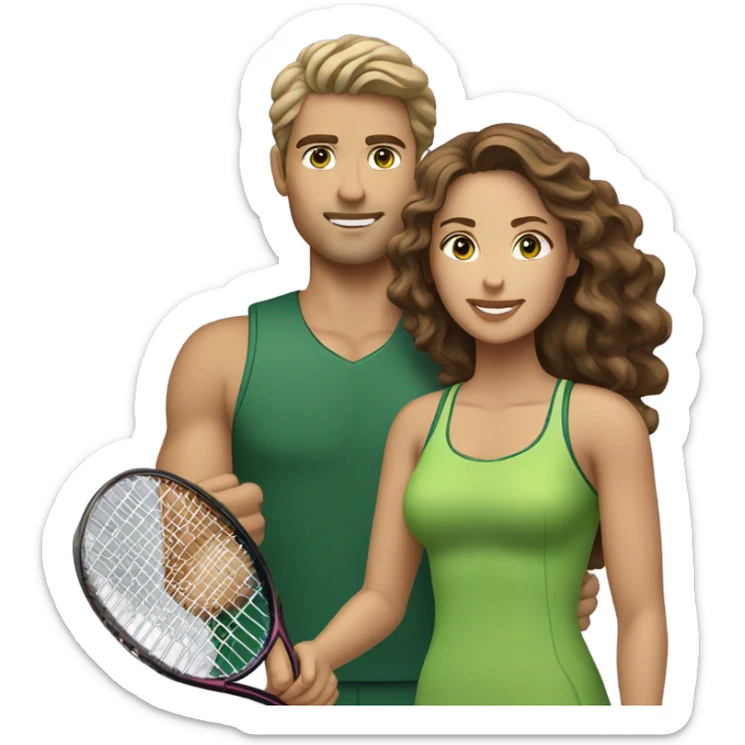 A couple playing tennis. The man is white with straight light brown hair and green eyes. The woman is lighter tan (Latina) with curly dark brown hair and light brown eyes. sticker