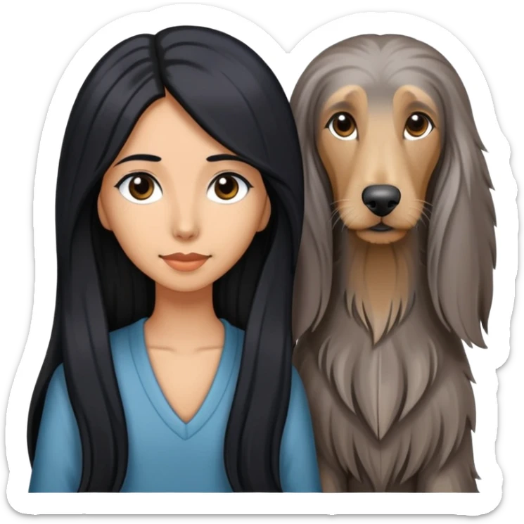 A girl with long black hair walks a gray Afghan hound sticker