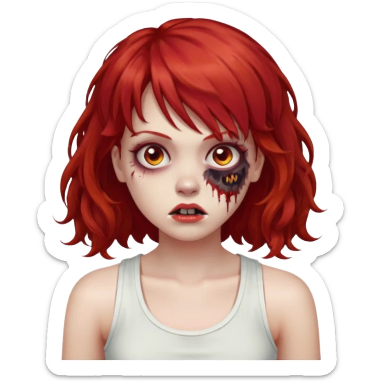 Uma menina de cabelo vermelho com franja, que seja uma zombie, e que esteja vestindo uma regata branca, cabelo médio e liso mais enrolado nas pontas  sticker