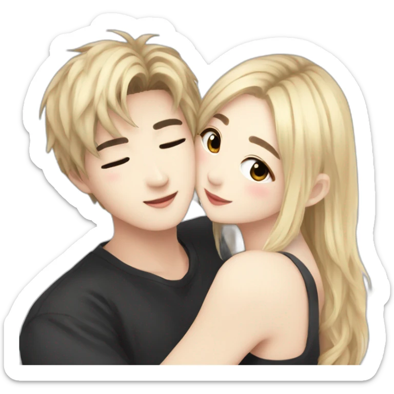 bangchan with dark hair skz and blonde girl hugging sticker