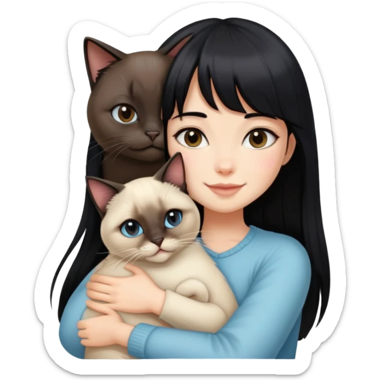 A girl with long black hair and bangs happily hugs a Siamese cat sticker