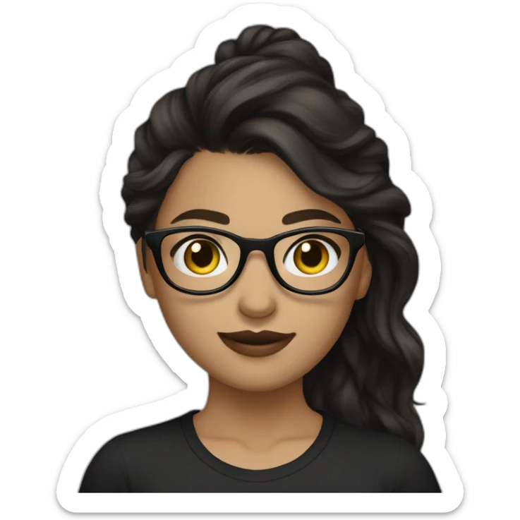 Pretty girl with dark blonde hair wearing  black eye glasses and a a black t shirt sticker