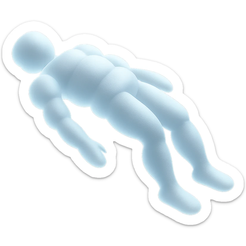 side view of unconscious person flying torso up, legs and arms down, made of small very bright white fluffy convex clouds, matte glass style sticker