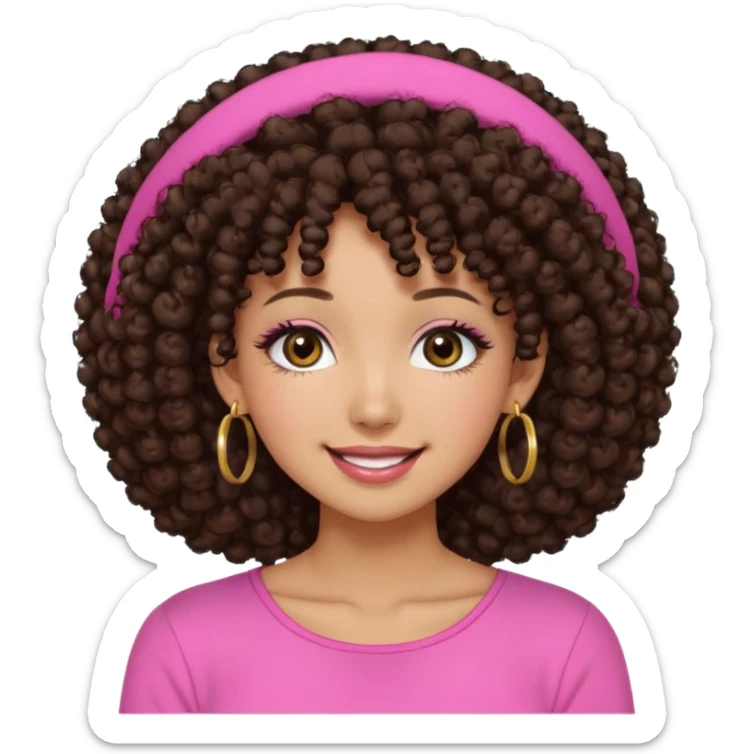 Naturally tan skin girl short darkBrown curly afropink shirt very long lashes hoop gold earrings Brown eyes gyaru smiling closed mouth cute non perfect circular a sticker