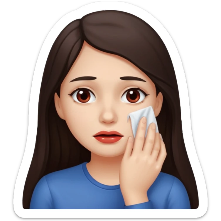 Mujer de pelo cafe oscuro y largo, y tez blanca. Se limpia la cara con una toallita húmeda sticker