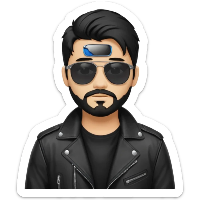 generate an ios genmoji of a 20 year old tan boy with black sunglasses, long black hair till his shoulders. Wearing a leather jacket. Has a dyed blonde beard sticker