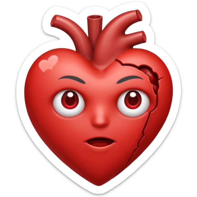 Un corazón humano roto de color gris con grietas  sangrando y expulsando sangre rodeado de vendas y tiritas que se despegan sin hacer efecto sticker