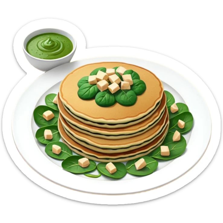 Pancake with cashew, tofu and onion stuffing served with spinach sauce, almond flakes, chives + salad with dressing sticker