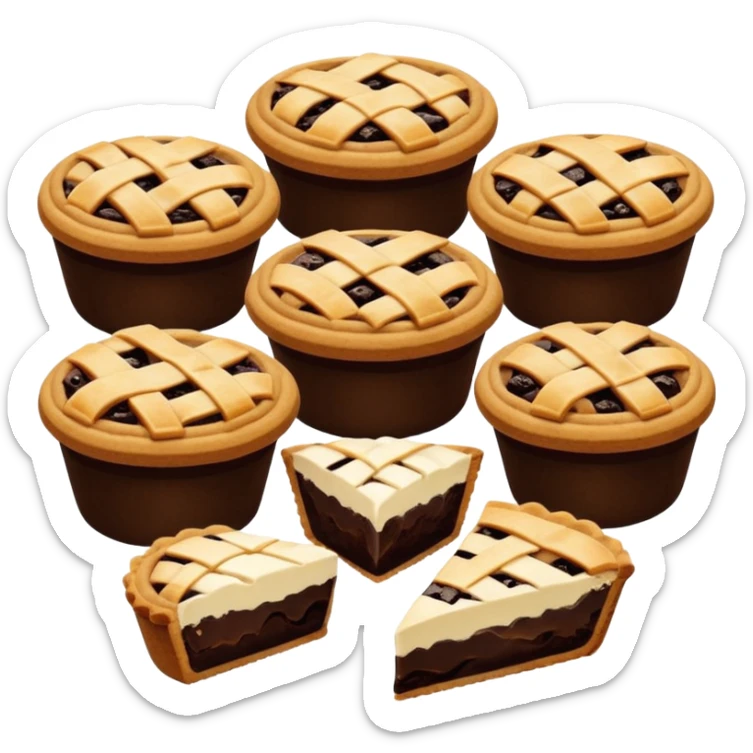 Baking community avatar in clean emoji-style illustration. Pies, cookies, and muffins grouped together, warm golden tones, simple shapes, flat design, high contrast, cozy and friendly. sticker