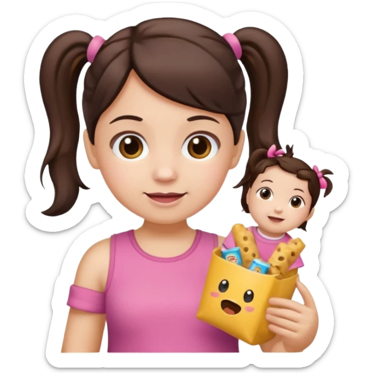 Toddler emoji with two pigtails dark brown hair, fair skin, in pink top, holding toddler snacks sticker
