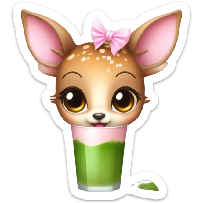 baby deer with fairy wings and a pink bow around its neck drinking iced matcha latte  sticker