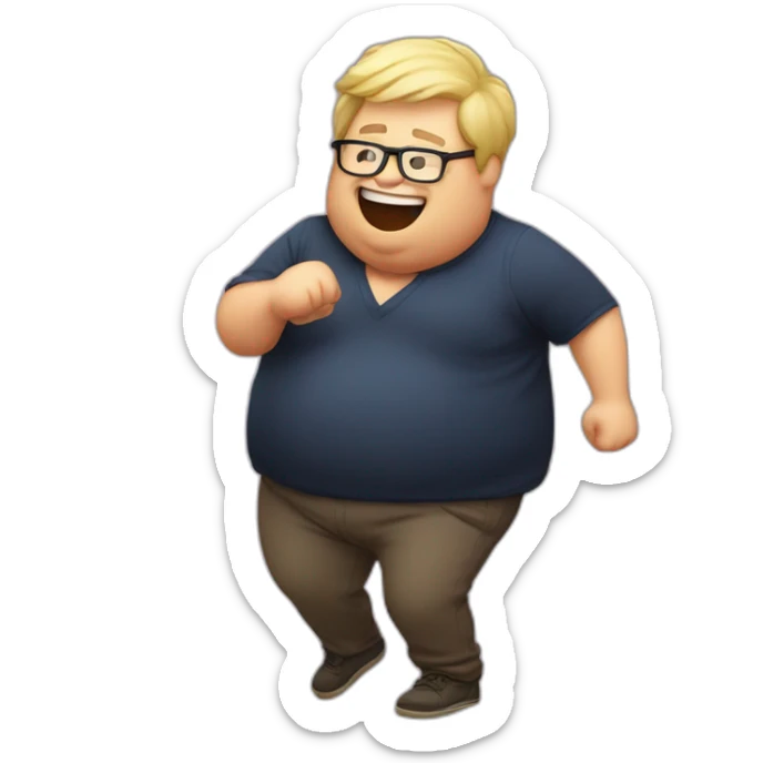 Fat blond man with glasses and a glass of red wine dancing like a drunk sticker