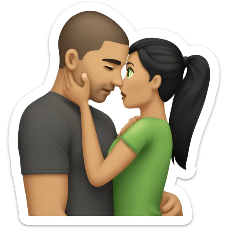 A couple kissing, girl has long straight back hair green eyes nice eyebrows medium tan black tshirt, guy has a buzz cut brown hair green eyes medium tan a gray tshirt  sticker