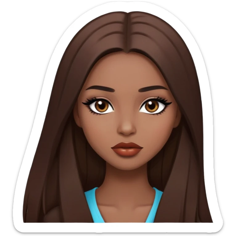 pretty baddie model, brown straight hair, cute lips, pale skin, long hair, dark brown eyes, bold black eyeliner sticker