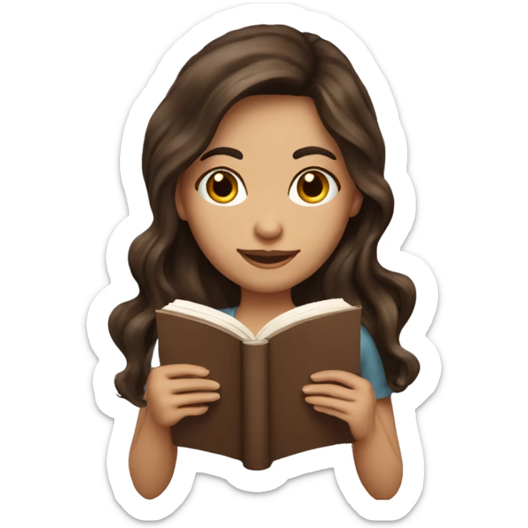 brunette long wavy hair woman love while holding and reading book sticker