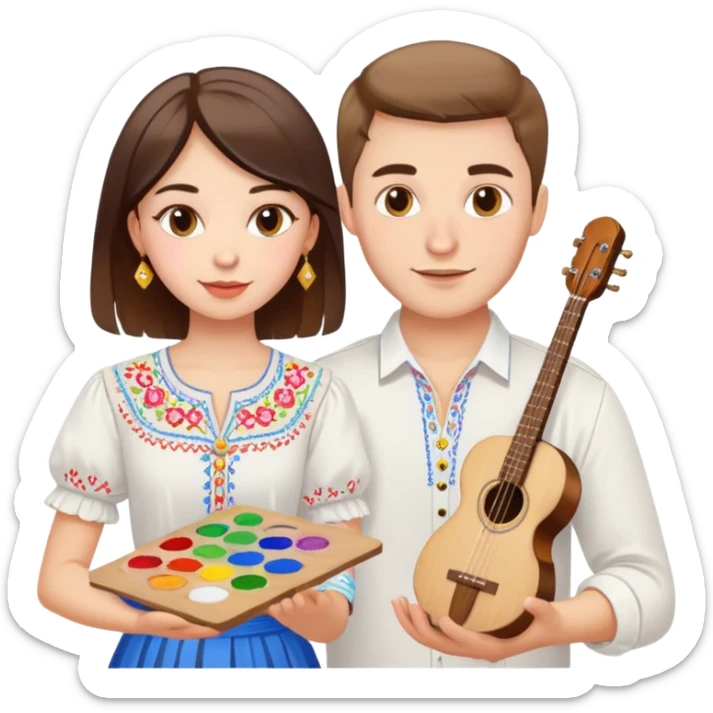 a guy in a white Ukrainian embroidered shirt and a girl in a white Ukrainian embroidered shirt, holding music and a paint palette sticker