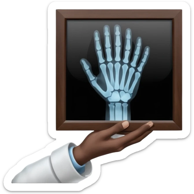Radiografía de mano sostenida por un hombre con bata blanca  piel clara cabello café obscuro sticker