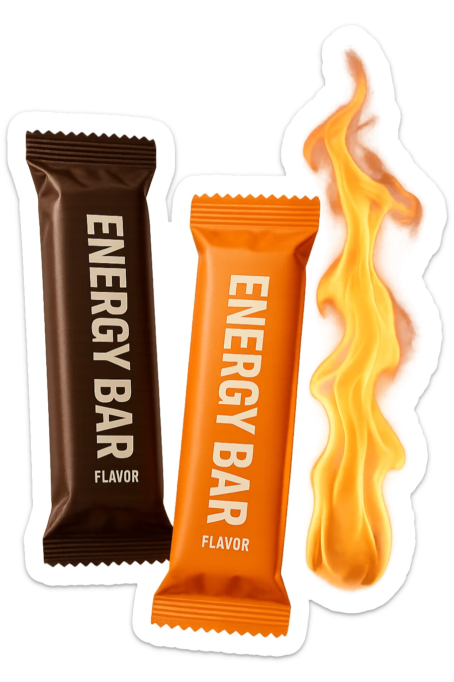 due barrette energetiche confezionate fluttuano in aria insieme ad una fiamma iperrealistici sticker