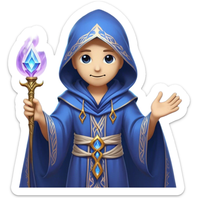 Clash of Clans aesthetic friendly Mage Portrait Emoji, With an enigmatic, slender build draped in flowing mystical robes adorned with arcane symbols, piercing eyes and a determined aura, his face rendered in a natural skin tone (not yellow), Simplified yet sharply defined features, highly detailed, glowing with a cool, otherworldly radiance, high shine, wise and resolute, stylized with an air of ancient sorcery, focused and mystical, soft glowing outline, capturing the essence of a powerful mage ready to unleash enchanted spells on epic adventures! sticker