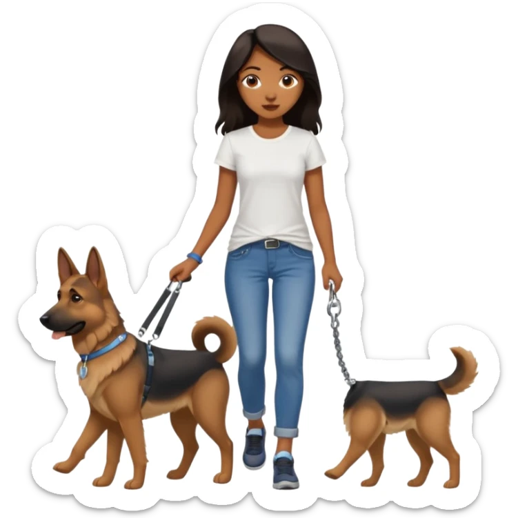 a girl with a brown dark long hair, she's walking her dog is a german shepard sticker