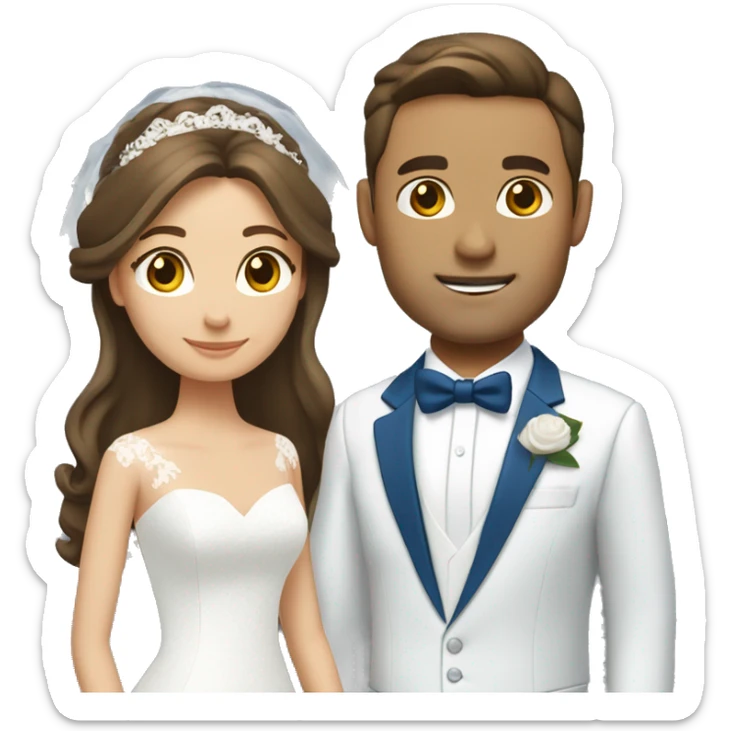 Wedding couple. Bride has brown hair half up. She wears white dress. She has brown eyes. Groom has blue suit and white tie. He has br own hair..  sticker