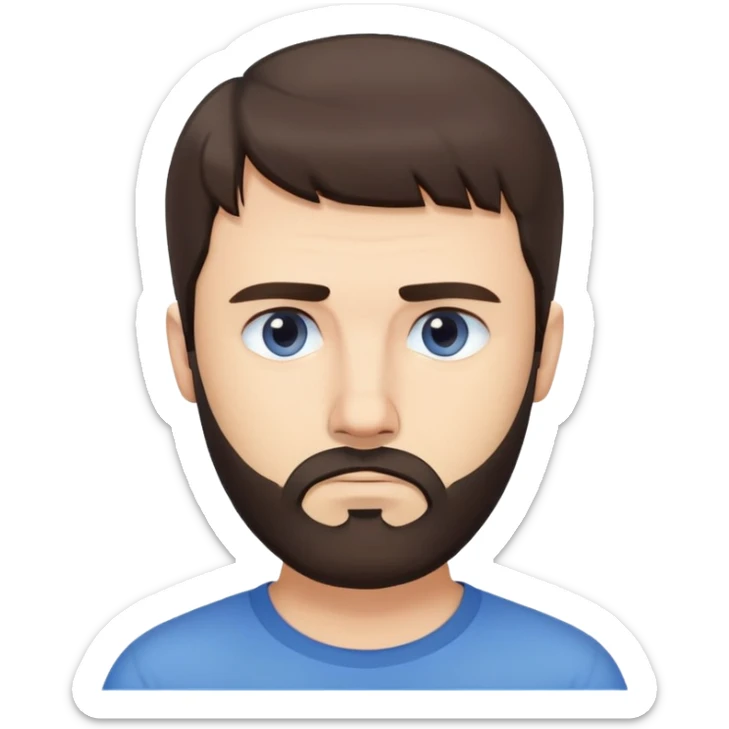 Caucasian man with straight dark brown hair styled loose with fringe, short full beard, neutral serious expression, simple blue shirt sticker