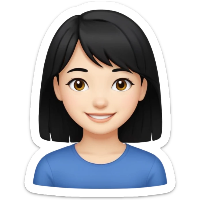girl with black hair and side bangs, smiling sticker