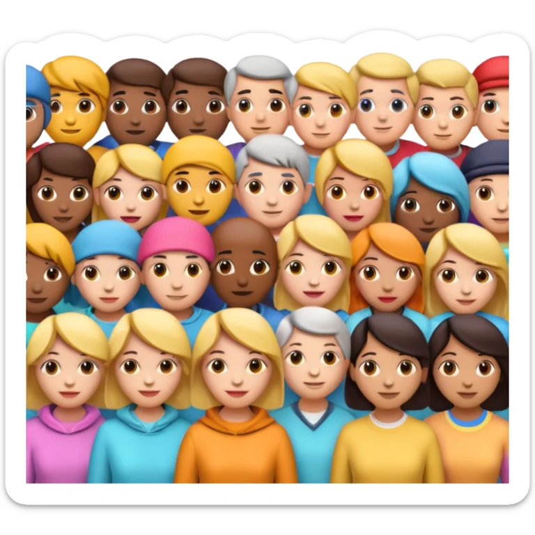 3D iPhone style emoji of a crowd of people, diverse individuals standing close together, colorful clothing, isolated on white background, soft shadows, high detail, playful and cute. sticker