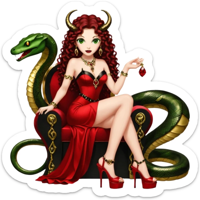 Lilith green eyes, symbol seductress evil brown curly long hair haired, sexy succubus woman with red and black Chanel dress on. A red and black stiletto platform high heel shoes on. sitting on a Black and gold throne. A giant snake sitting beside her. Red rubies and black diamonds surround them both sticker