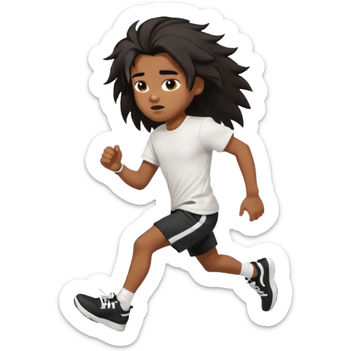 generate a pretty bratz brown skinned boy with black messy long hair wearing a white tshirt and black running shorts. running on the street with white sneakers sticker