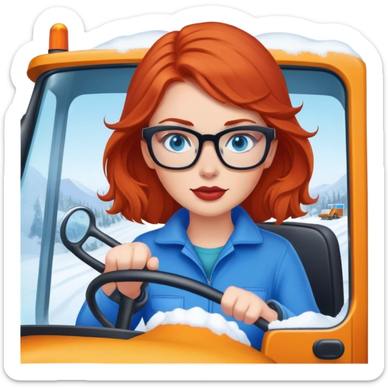 Red headed lady with glasses and blue eyes driving snowplow truck sticker