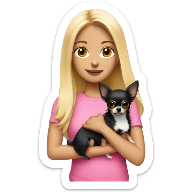 Blonde girl in a pink shirt holding a black long haired chihuahua  sticker