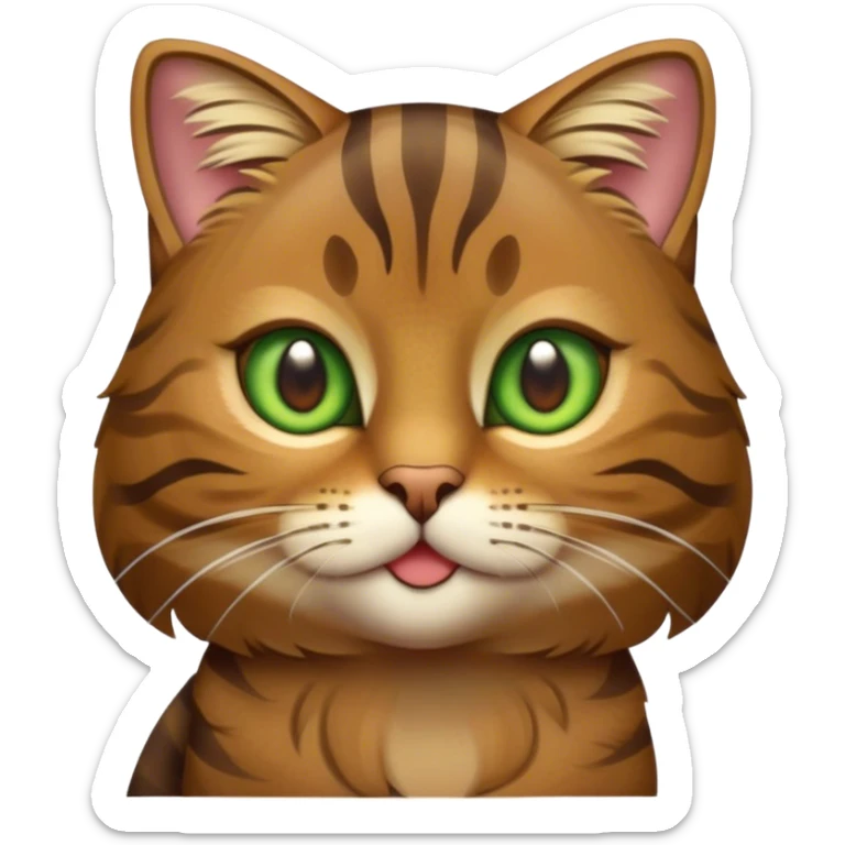 Cinematic Cute Brown Tabby Cat Portrait Emoji, Head tilted playfully and inquisitively, soft brown fur with rich dark tabby stripes and a distinctive M-shaped marking on the forehead, wide, sparkling golden-green eyes filled with curiosity, Simplified yet irresistibly adorable features, highly detailed, glowing with a warm, friendly glow, high shine, affectionate and lively, stylized with a touch of whimsy, bright and endearing, soft glowing outline, capturing the essence of a mischievous yet loving kitten, so playful it feels like it could pounce out of the screen and into your arms! sticker