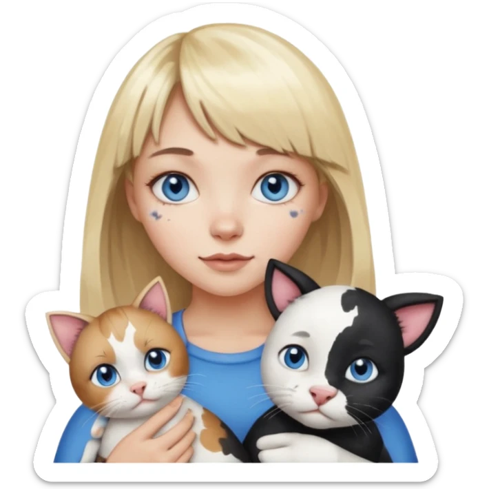 Cute cat black and white stain like a cow in the arms of a blond girl with bangs and blue eyes sticker